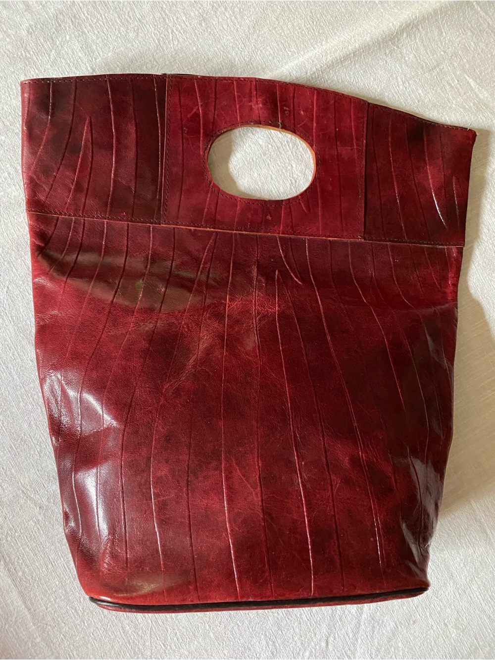 Burgundy Eel skin Clutch Tote Bag with Cutout Handle